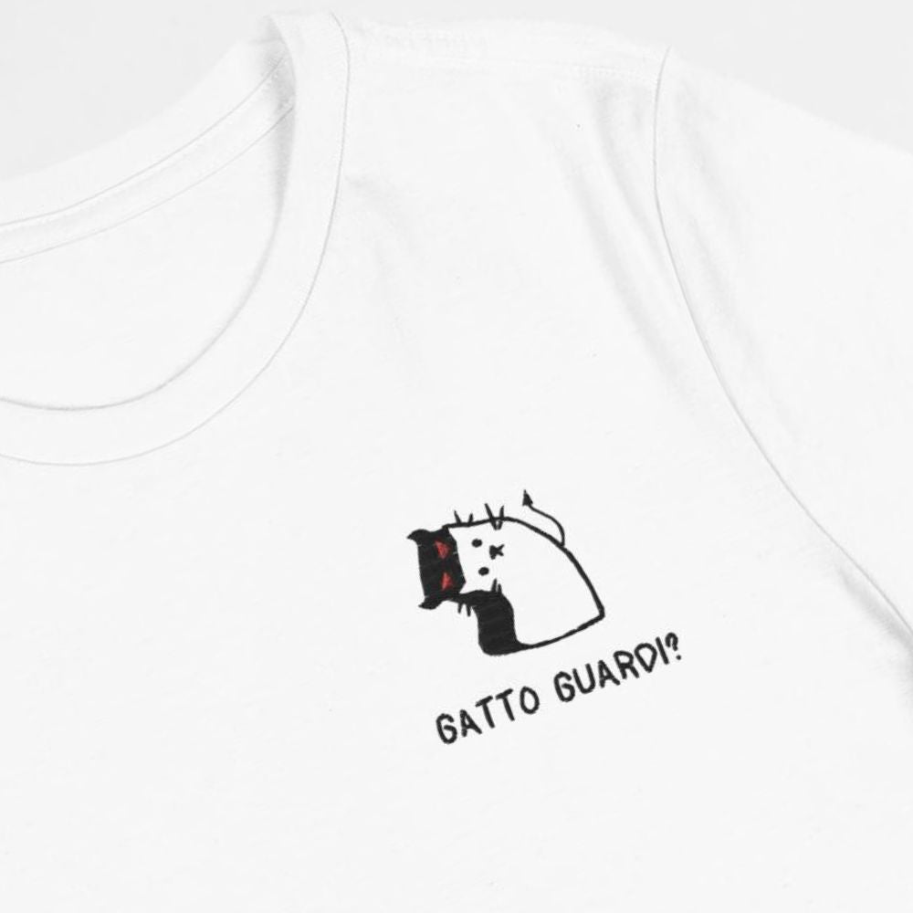 T-shirt Donna - Ricamo - Gatto Guardi? Halloween Special  - Cotone Airlume